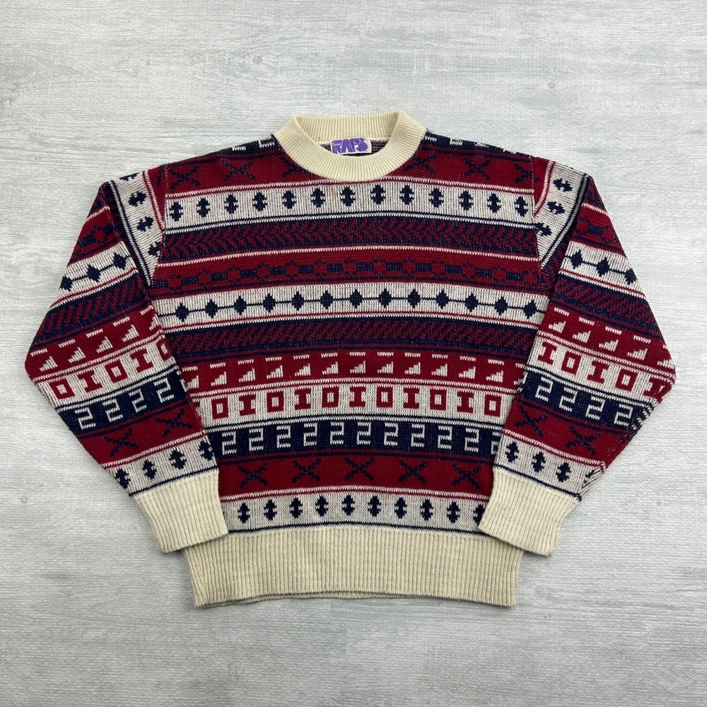 Vintage 60s Jockey Raps Sweater Size Medium Red Blue Geometric Striped Pull Over